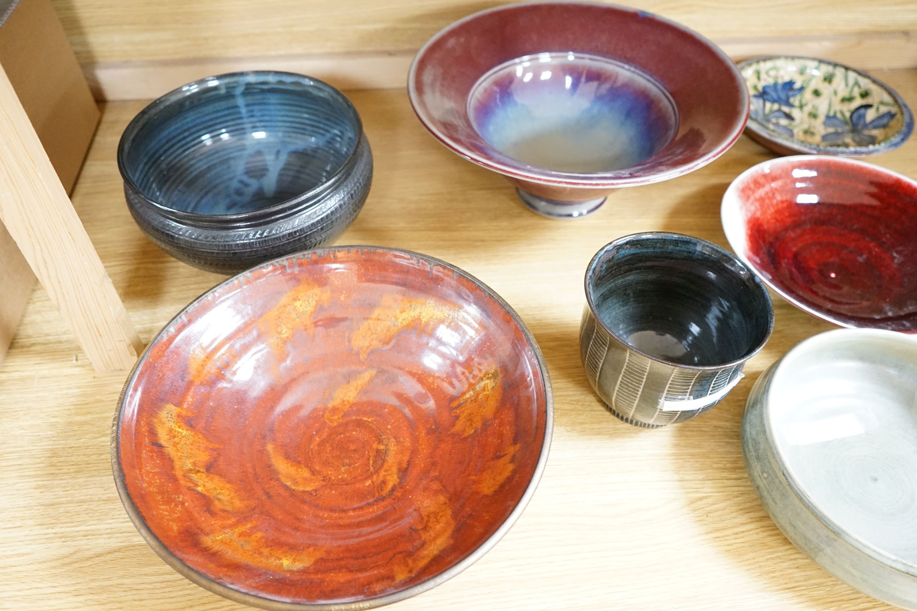 A group of studio pottery vases and dishes to include- 35cm